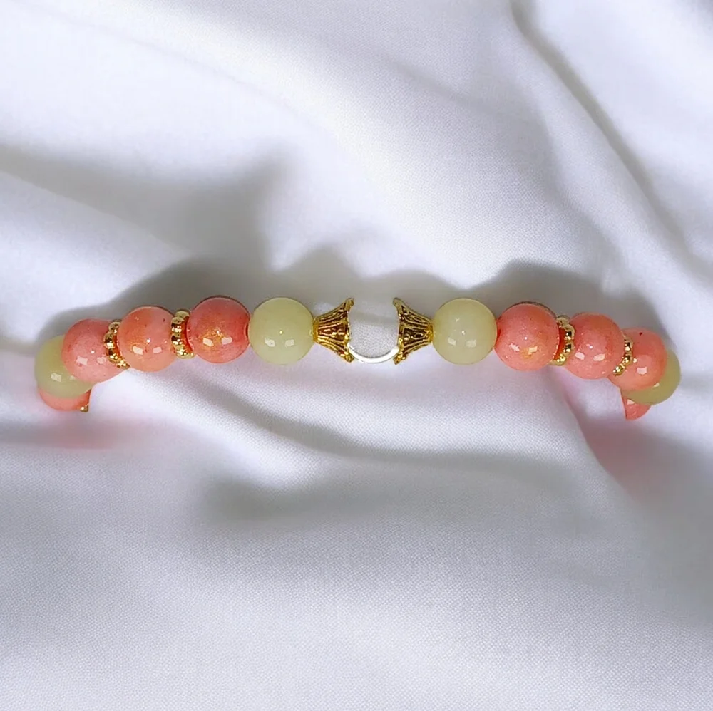 Peach Pink Mountain Jade Green Beryl & Clear Quartz Crystal Bracelet New Preppy